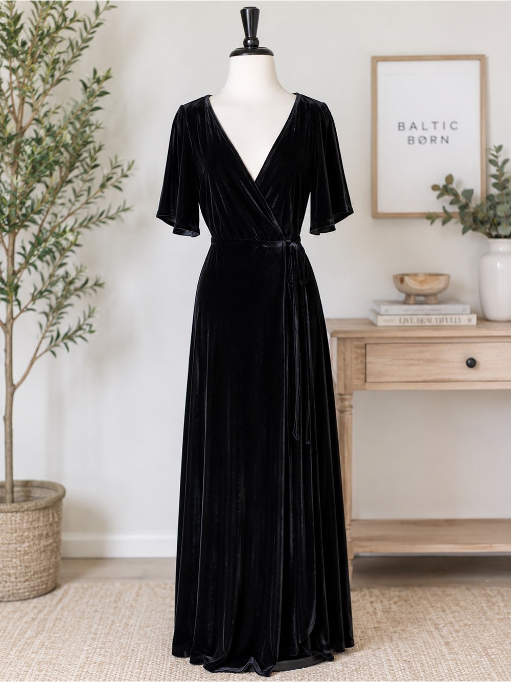 Baltic Born Katelyn Black Velvet Maxi Wrap Dress Size M Formal Wedding